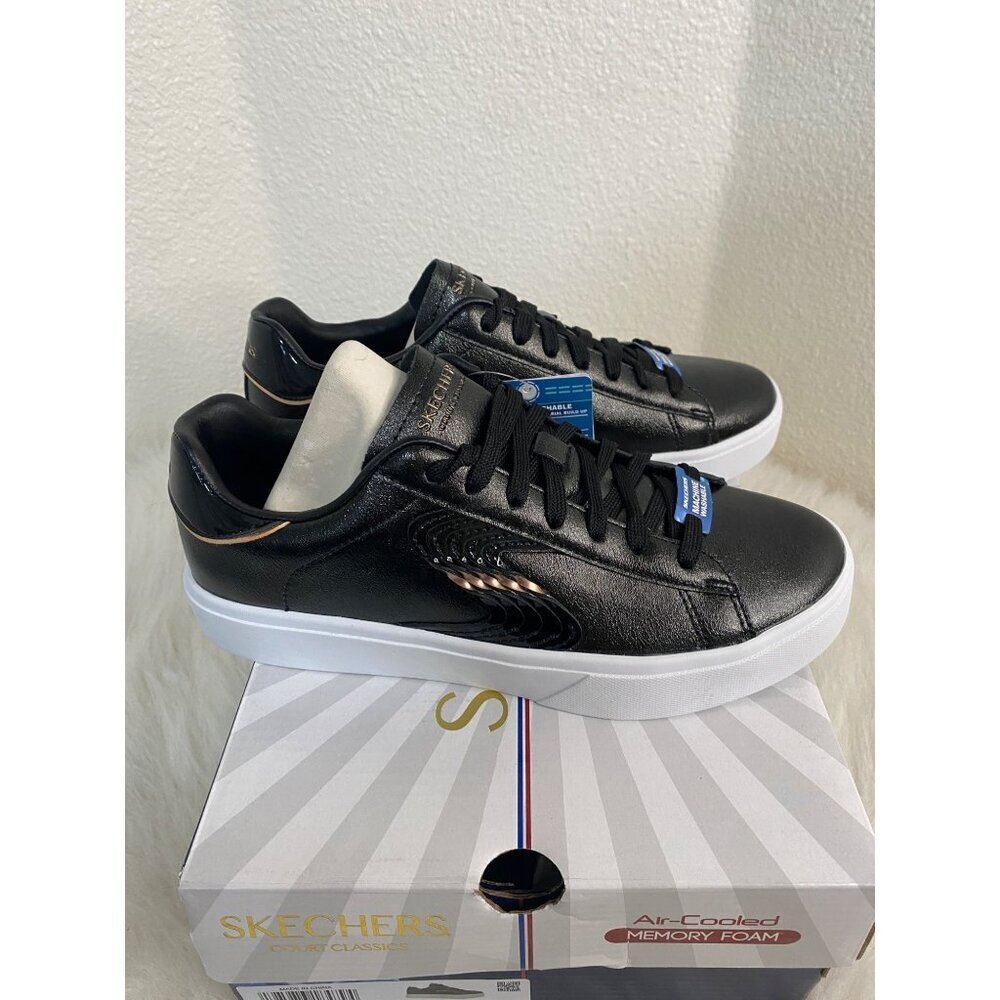 Skechers Classic Court Black Gold Duraleather Sneakers Machine Washable 7.5 - Picture 1 of 9